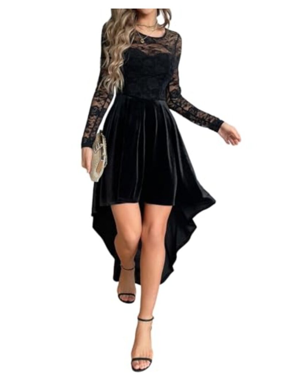 Velvet Lace Long Sleeve High Low Dress Round Neck Cocktail Party